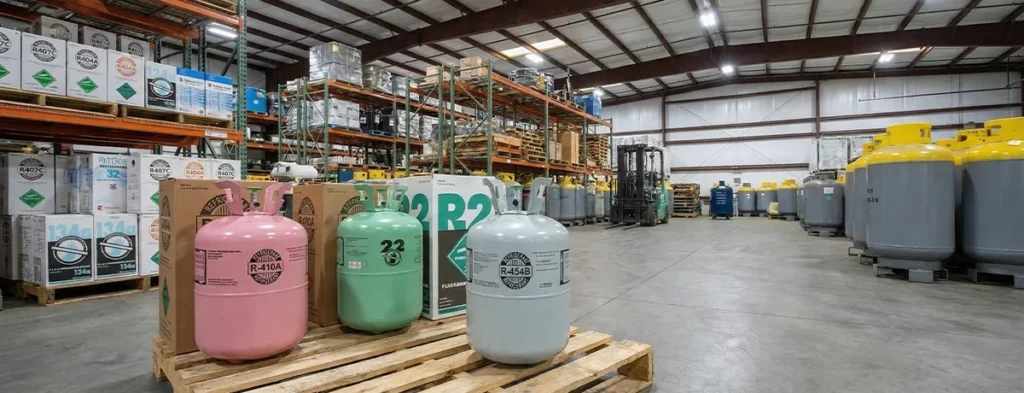 3-Photo of refrigerant cylinders (R-410A, R-22, R-454B) in warehouse