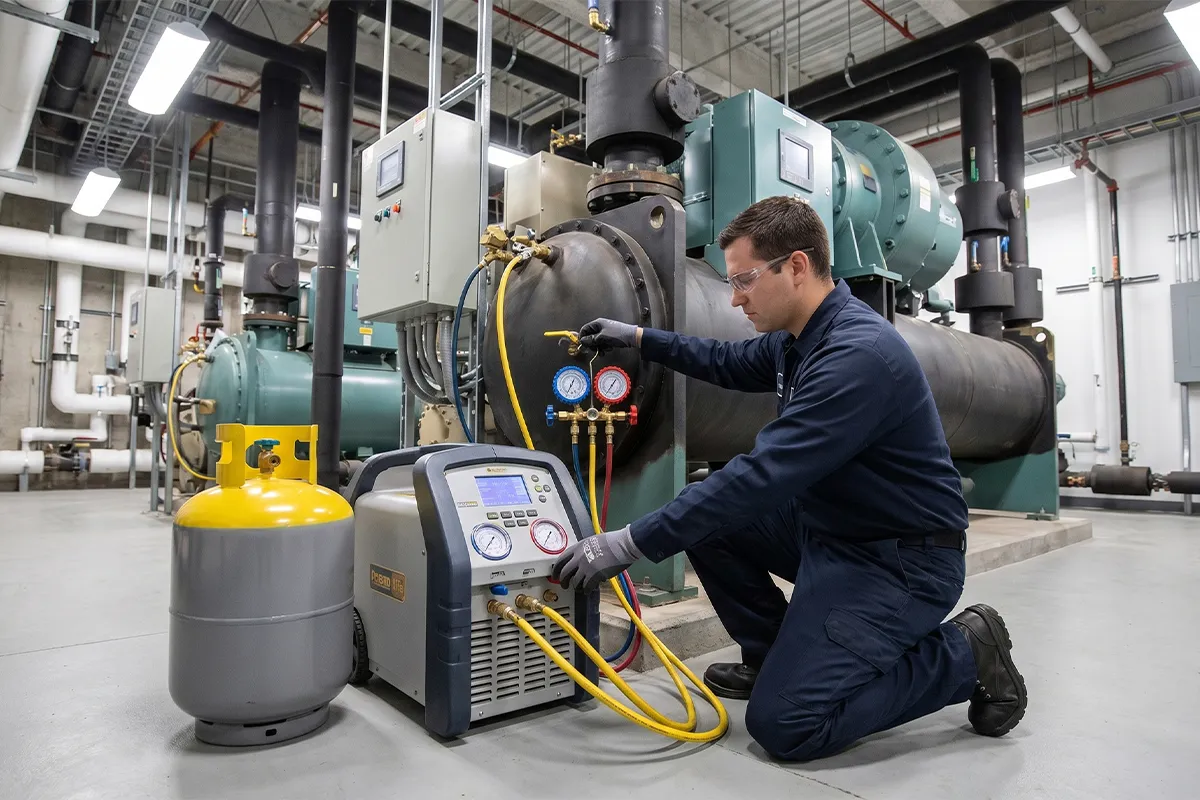 On-site refrigerant recovery equipment connected to commercial chiller system