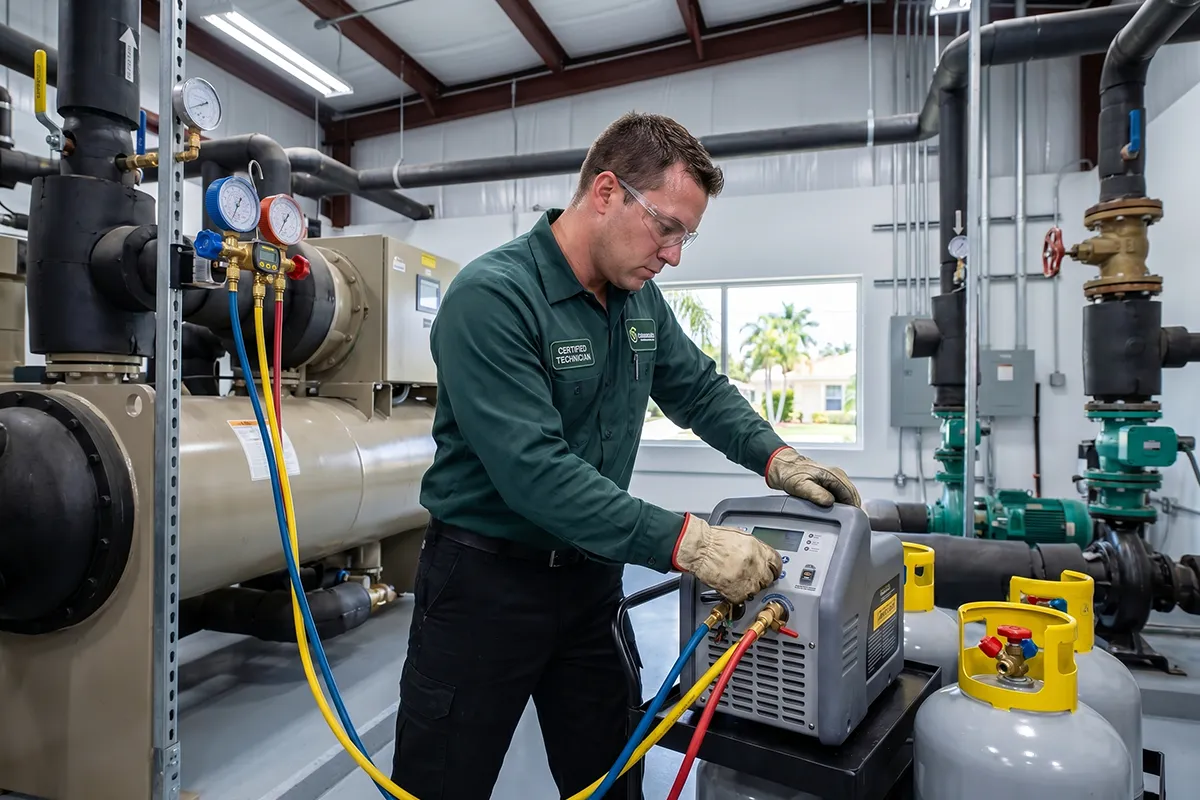 On-site refrigerant recovery equipment and technician at Tampa commercial facility