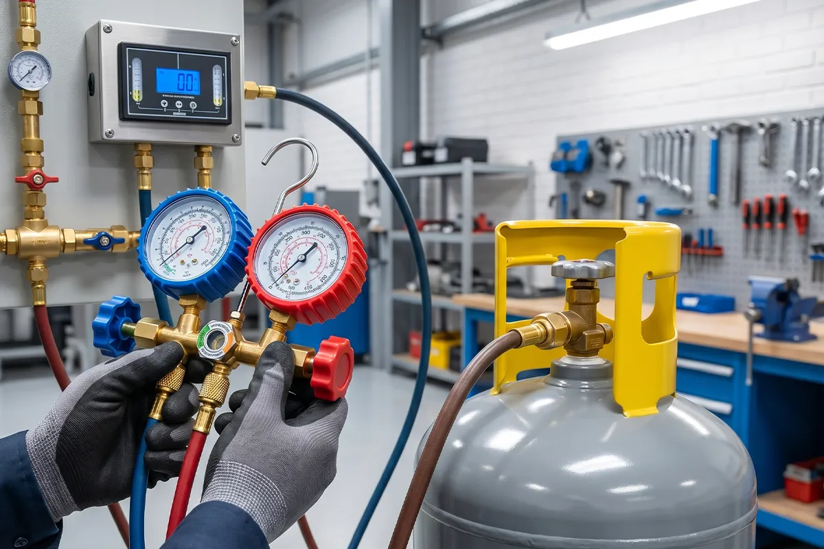 On-site refrigerant recovery equipment and technician at Miami commercial facility