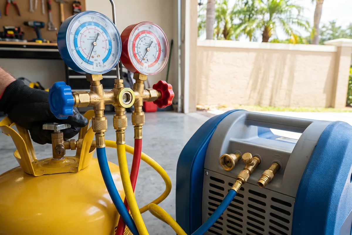 On-site refrigerant recovery equipment and technician performing commercial chiller service in Central Florida