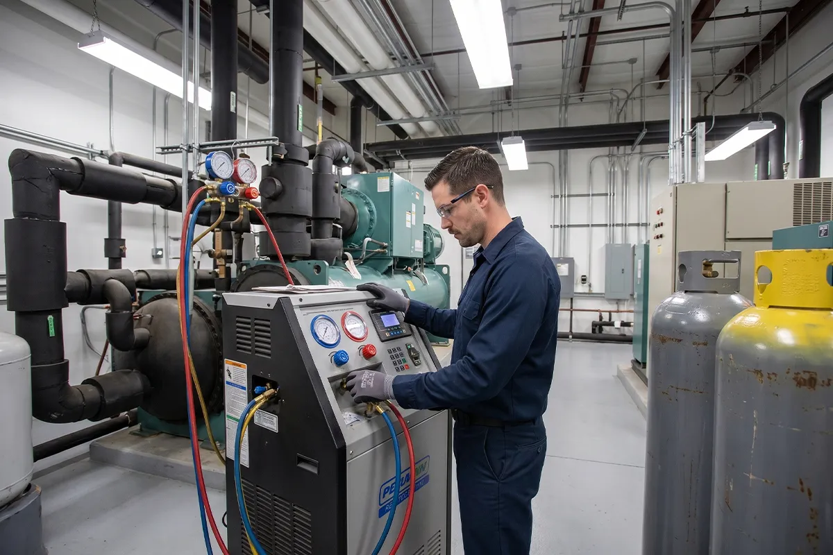 On-site refrigerant recovery equipment and technician at Jacksonville commercial facility