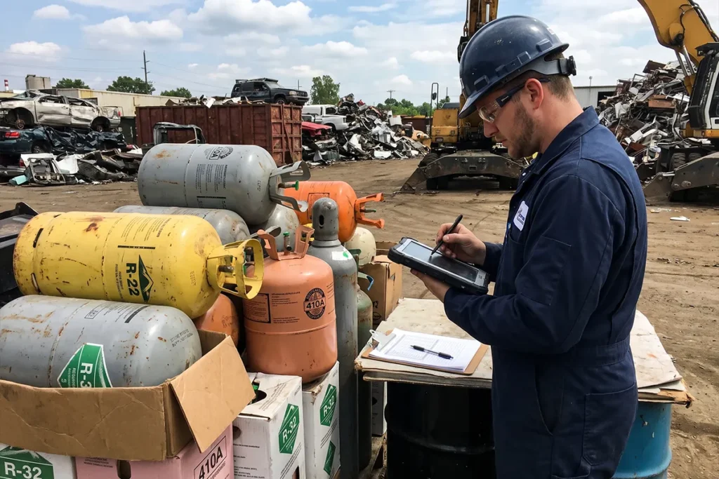 Documented refrigerant recovery process for scrap yard standing account.