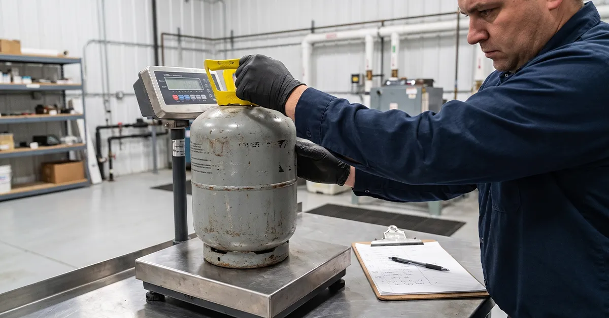 Technician evaluating refrigerant cylinders for buyback pricing