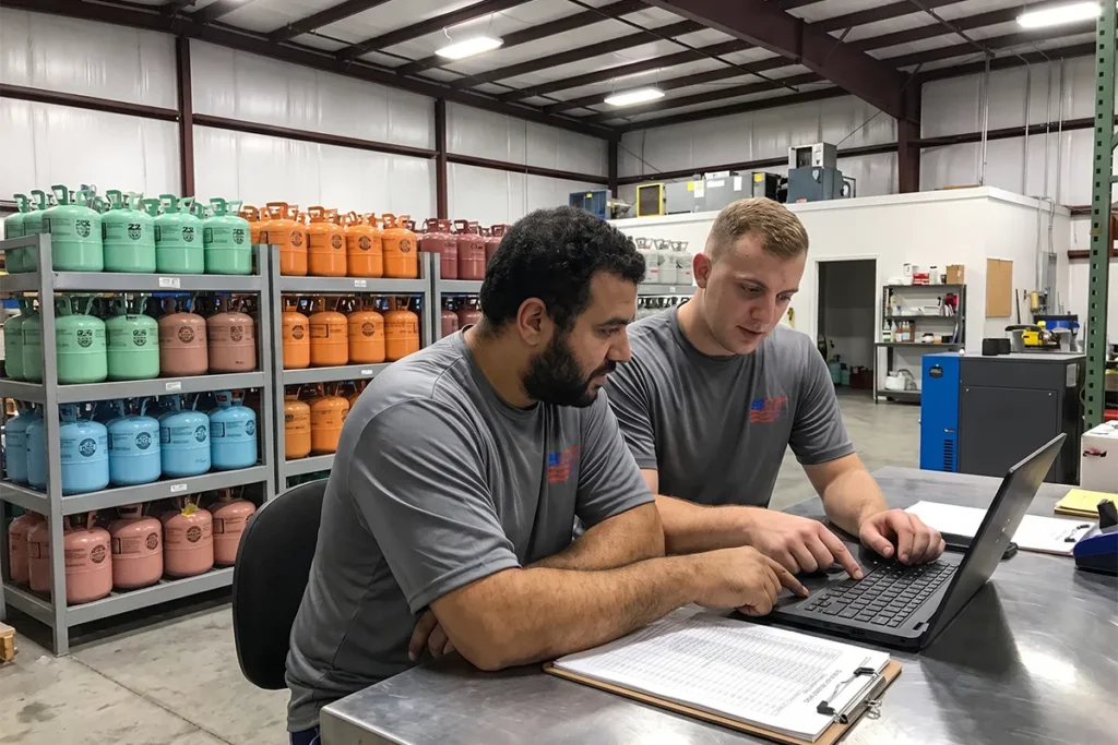 Technicians reviewing refrigerant inventory before requesting a buyback quote