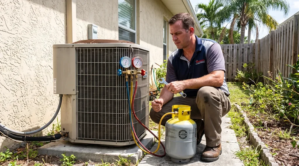HVAC technician servicing existing residential AC condenser with R-410A cylinder