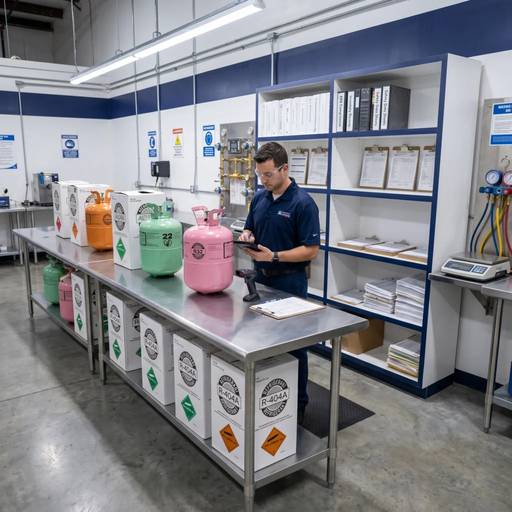 Ameri-Ref compliance records area with EPA Compliance, Inventory Records, and Safety Data Sheets binders and a technician reviewing documentation on a tablet