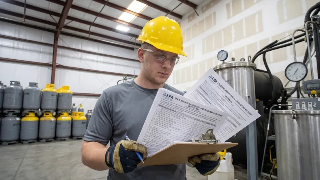 TEMPORARY: technician reviewing an EPA compliance checklist in the Ameri-Ref warehouse (placeholder pending a final office/desk photo from Willmary)
